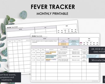 Fever Tracker | Printable Chart to Log Fever Symptoms Severity & Treatments | Minimalist Design | Instant Download
