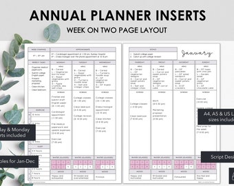 Printable Annual Planner Inserts | Week on Two Page Layout with Sunday & Monday start | Productivity Planner Inserts | Instant Download
