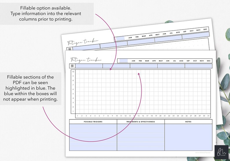 May include: A white printable fatigue tracker with blue highlighted sections. The tracker includes sections for possible triggers, treatments, and notes. The text "Fatigue tracker" is at the top. The document is designed to be filled in.
