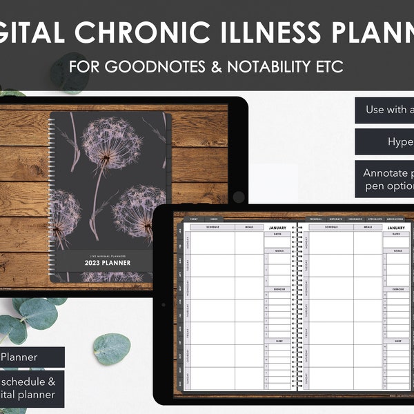 2023 Chronic Illness Digital Planner | Hyperlinked Planner with Week on One Page | Minimalist Botanical | Instant Download