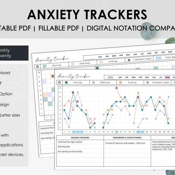 Printable and Fillable Monthly Anxiety Severity Tracker | Track Daily Anxiety Levels | Medical Binder Printables | Instant Download