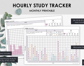 Hourly Study Tracker | Chart the Duration of Daily Study each Month | College Productivity Tracker | Minimalist Design | Instant Download