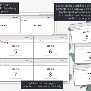 May include: White printable box labels with the text "BOX NO." and numbers 5, 6, 7, and 8. Each label includes a space for the location and a fragile checkbox. The labels are designed to be printed and cut.