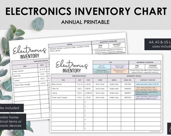Electronics Inventory Charts | List Electronic Items in a Printable Household Inventory Tracker | Instant Download