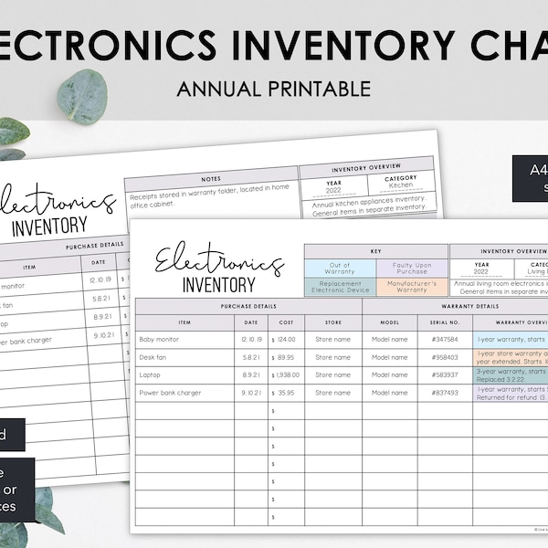 Electronics Inventory Charts | List Electronic Items in a Printable Household Inventory Tracker | Instant Download