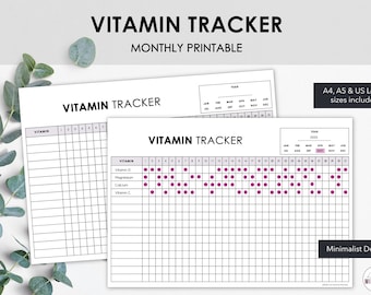 May include: Two white printable vitamin trackers with the text "Vitamin Tracker" and "Monthly Printable". One tracker has a grid for tracking vitamins, the other has a grid with pink dots. Includes A4, A5, and US Letter sizes.
