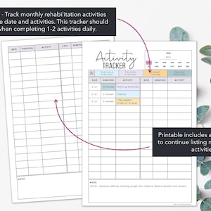 Puede incluir: Un rastreador de actividades imprimible con secciones para la fecha, la duraci&oacute;n y la actividad. El rastreador incluye espacio para ejercicios de resistencia, flexibilidad y fuerza. El texto en la p&aacute;gina dice "Activity Tracker" y "Printable 4 - Track monthly rehabilitation activities."