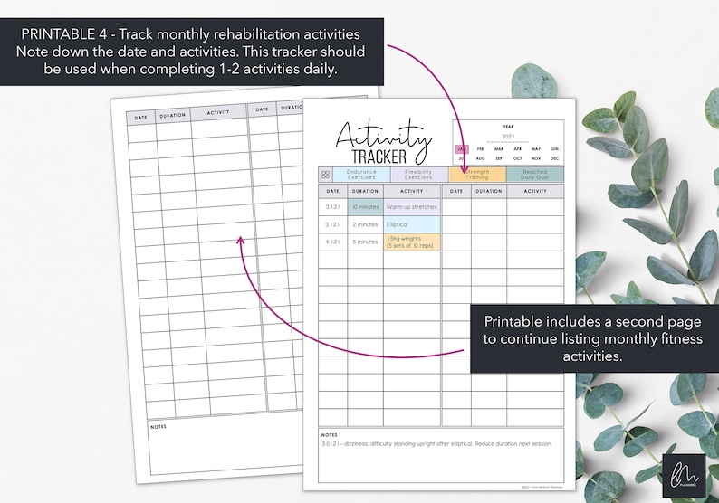 Puede incluir: Un rastreador de actividades imprimible con secciones para la fecha, la duraci&oacute;n y la actividad. El rastreador incluye espacio para ejercicios de resistencia, flexibilidad y fuerza. El texto en la p&aacute;gina dice "Activity Tracker" y "Printable 4 - Track monthly rehabilitation activities."