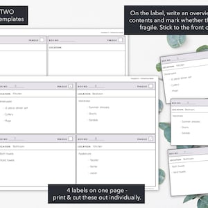 May include: A page of unlined label templates with the text "TEMPLATE TWO". The labels include sections for box number, location, and a fragile checkbox. The image shows examples of labels with contents like dinnerware, summer dresses, and appliances.