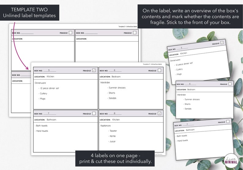 May include: A page of unlined label templates with the text "TEMPLATE TWO". The labels include sections for box number, location, and a fragile checkbox. The image shows examples of labels with contents like dinnerware, summer dresses, and appliances.