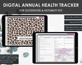 May include: Digital annual health tracker displayed on two tablets. One tablet shows a leopard print design, the other a detailed health log. Text includes "Digital Annual Health Tracker" and "Manage symptoms, meals and severity levels."