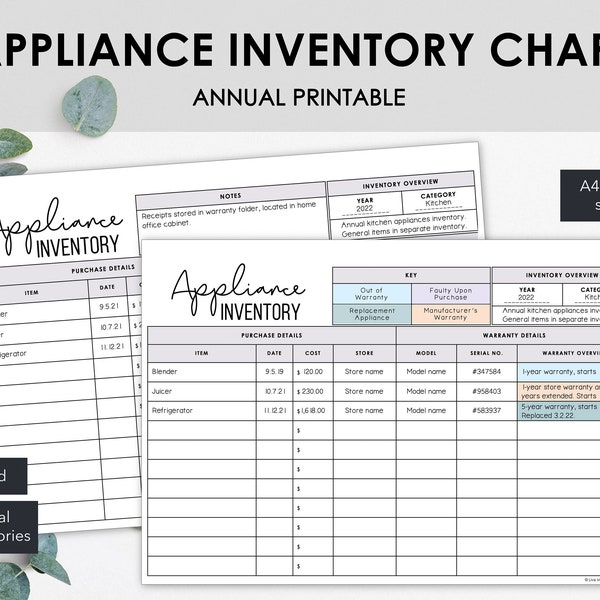 Appliance Inventory Charts | List Appliance Items in a Printable Household Inventory Tracker | Instant Download