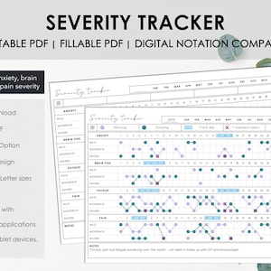Printable and Fillable Monthly Severity Tracker to Chart Monthly Pain Anxiety Brain Fog & Fatigue for Chronic Illness Instant Download