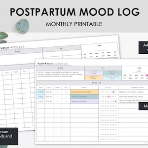 Könnte beinhalten: Druckbares Wochenprotokoll für die Stimmung nach der Geburt im minimalistischen Design. Enthält Abschnitte für Datum, Uhrzeit, Stimmung und Auslöser. Mit dem Text "POSTPARTUM MOOD LOG" und "MONTHLY PRINTABLE". A4, A5 und US Letter Größen enthalten.