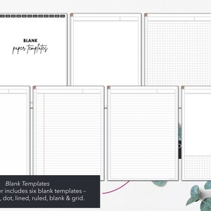 May include: A digital planner featuring six blank paper templates: blank, grid, dot, lined, ruled, and a second grid. The top template displays "BLANK paper templates" in a stylish font. The planner is designed for digital use.