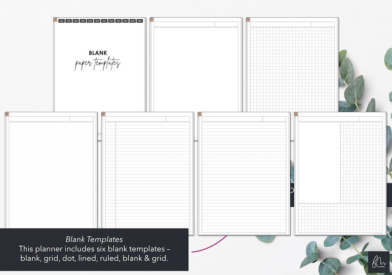 May include: A digital planner featuring six blank paper templates: blank, grid, dot, lined, ruled, and a second grid. The top template displays "BLANK paper templates" in a stylish font. The planner is designed for digital use.