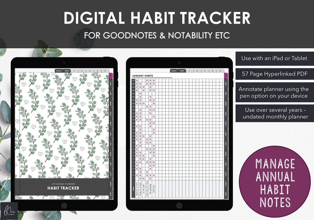 Digital Annual Habit Tracker | Hyperlinked Monthly Goal Planner to ...
