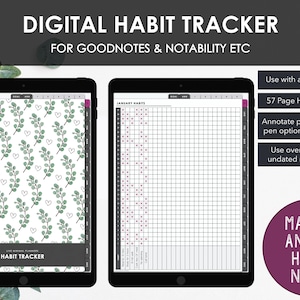 Puede incluir: Seguimiento digital de hábitos para Goodnotes y Notability, mostrado en dos tabletas. Una tableta muestra un patrón de hojas verdes y corazones, la otra una cuadrícula de seguimiento de hábitos. El texto incluye "Gestionar notas anuales de hábitos".