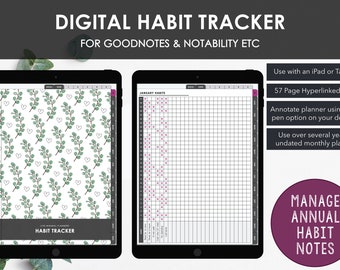 May include: Digital habit tracker for Goodnotes and Notability, displayed on two tablets. One tablet shows a green leaf and heart pattern, the other a habit tracking grid. Text includes "Manage Annual Habit Notes" and "Use with an iPad or Tablet".