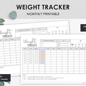 Pode incluir: Um rastreador de peso imprimível com um calendário mensal, uma seção para rastrear o peso, a hora e as notas, e uma seção para rastrear alergias e gatilhos. O rastreador é projetado para ajudar os usuários a rastrear suas flutuações de peso e identificar possíveis causas.