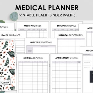 Medical Planner | Chronic Illness Health Binder Printables | Appointments Expenses Symptoms | Minimalist Leaves Cover | Instant Download