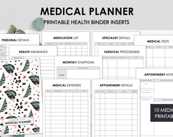 May include: A collection of printable medical planner inserts. The inserts include sections for personal details, medication lists, specialist details, and appointment notes. The cover features a white background with a black and pink leaf pattern. The text "MEDICAL PLANNER" is displayed at the top.