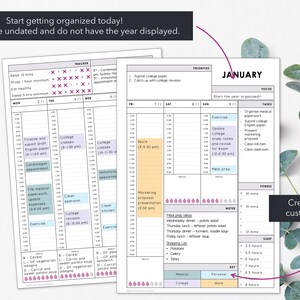 May include: Two undated printable planner pages with a white background. One is a weekly tracker, and the other is a January monthly planner. The pages include sections for tasks, priorities, and notes. The text "Start getting organised today!" is at the top.