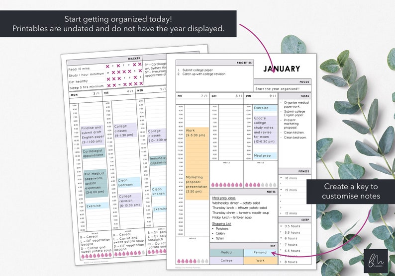 May include: Two undated printable planner pages with a white background. One is a weekly tracker, and the other is a January monthly planner. The pages include sections for tasks, priorities, and notes. The text "Start getting organised today!" is at the top.