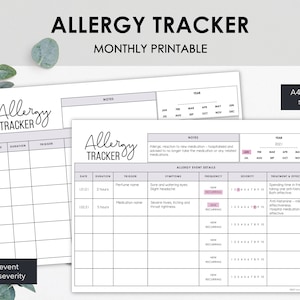 Afdrukbare allergietracker | Grafiek Maandelijkse Allergiegebeurtenissen Symptomen en ernst van allergische reacties | Directe download