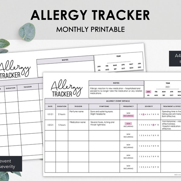 Printable Allergy Tracker | Chart Monthly Allergy Events Symptoms & Severity of Allergic Reactions | Instant Download