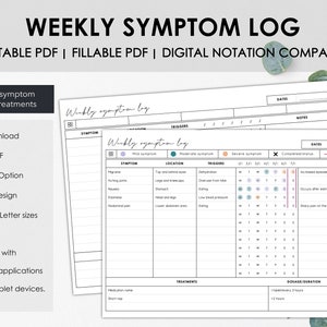 Printable and Fillable Weekly Symptom Tracker to Chart Weekly Symptom Frequency, Symptom Log for Chronic Illness or Chronic Pain