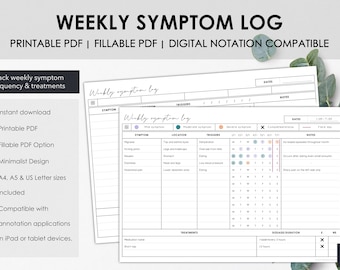 Printable and Fillable Weekly Symptom Tracker to Chart Weekly Symptom Frequency, Symptom Log for Chronic Illness or Chronic Pain