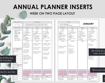 Printable Annual Planner Inserts | Week on Two Page Layout with Sunday & Monday start | Minimalist Weekly Planner Inserts | Instant Download