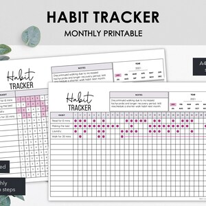 May include: A printable habit tracker with the title "HABIT TRACKER" at the top. The tracker includes sections for tracking habits like reading, making the bed, and walking. The design is in black and white with pink accents.
