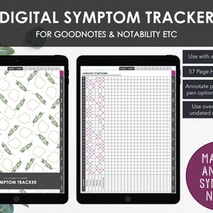 Puede incluir: Un rastreador de síntomas digital para Goodnotes y Notability. La imagen muestra la pantalla de una tableta con un patrón de hojas verdes y formas geométricas doradas. La segunda pantalla de la tableta muestra un rastreador de síntomas mensual con un diseño de cuadrícula. El texto "Manage Annual Symptom Notes" se muestra en un círculo rosa.
