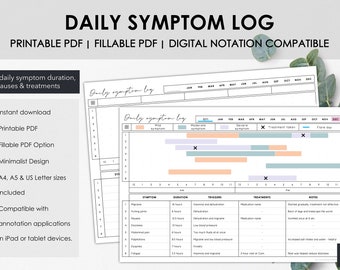 Printable and Fillable Daily Symptom Tracker to Chart Daily Symptom Duration or Frequency, Symptom Log for Chronic Illness or Chronic Pain