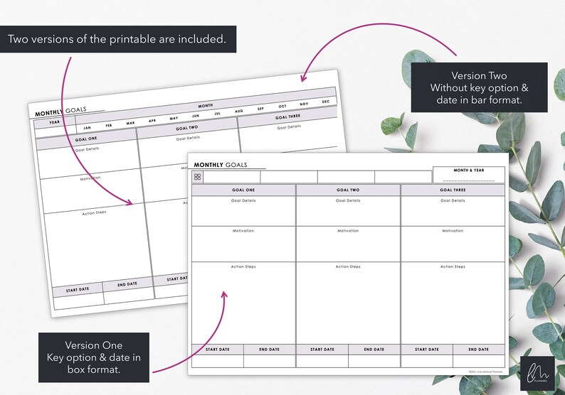 May include: Two printable monthly goal planners are shown. Version one has a key option and date in box format. Version two has no key option and date in bar format. The planners include sections for goals, motivation, and action steps.