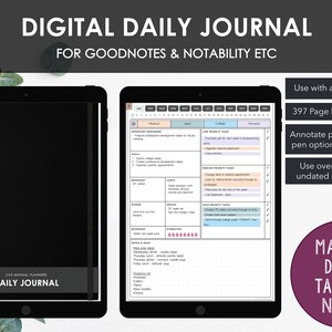 Könnte beinhalten: Ein digitales Tagesjournal, dargestellt auf zwei schwarzen Tablets. Das linke Tablet zeigt ein Cover mit dem Text "DAILY JOURNAL". Das rechte Tablet zeigt ein detailliertes Planer-Layout mit Abschnitten für Aufgaben und Notizen. Text enthält "DIGITAL DAILY JOURNAL" und "MANAGE DAILY TASKS & NOTES".