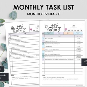 May include: A printable monthly task list with two different styles. The list includes sections for medical, college, work, and personal tasks. Each task has a due date. The text "Monthly Task List" is at the top of the page.