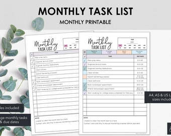 Printable Monthly Task List | Track Monthly Tasks & Productivity | Manage Monthly Priorities and Due Dates | Instant Download