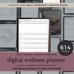 May include: Digital wellness planner with a dark pink background. The image shows a tablet displaying a daily symptom and severity tracker. Text includes "Manage Your Daily Schedule & Health Notes" and "Digital Wellness Planner". The planner is compatible with GoodNotes, Notability, and Xodo.
