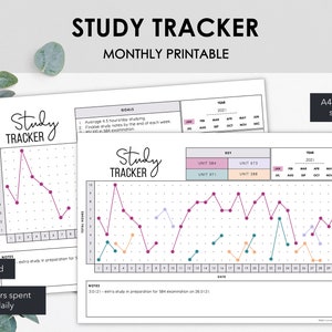 May include: Printable study tracker with two different styles. The tracker includes a graph to track daily study hours and a key to track different units of study. The text on the page reads "Study Tracker Monthly Printable".