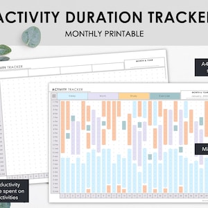 May include: A minimalist activity duration tracker printable with the text "ACTIVITY DURATION TRACKER" and "MONTHLY PRINTABLE". The tracker includes sections for sleep, work, study, and exercise, with A4, A5 & US Letter sizes included.