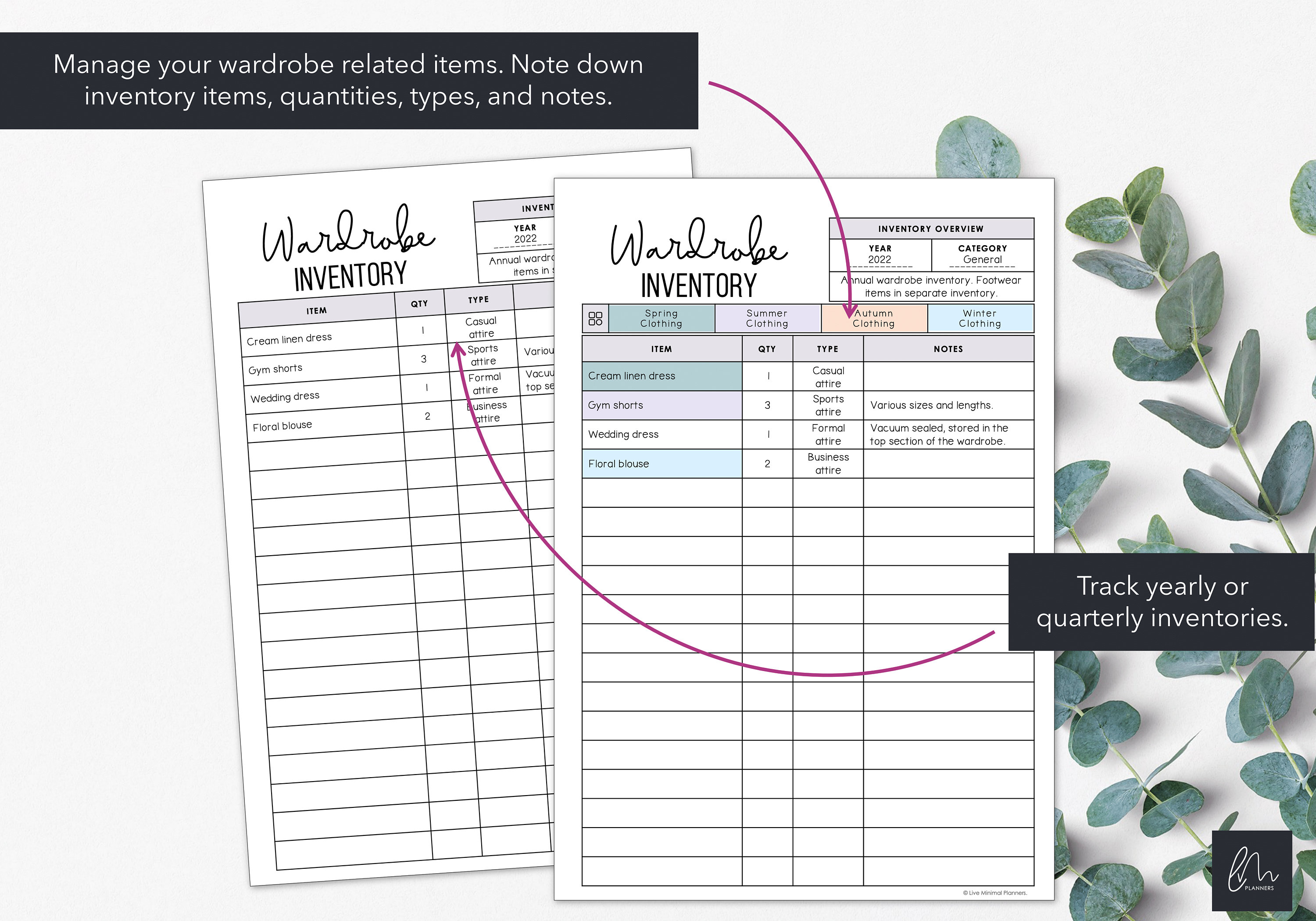Wardrobe Inventory Charts List Wardrobe Related Items in a Etsy