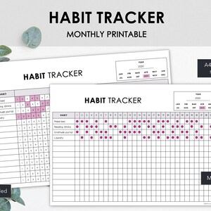 May include: Two white habit tracker printables with the text "HABIT TRACKER" and "MONTHLY PRINTABLE". One tracker shows a monthly layout with pink highlights, and the other shows a weekly layout. The text "2020" is visible. The design is minimalist.