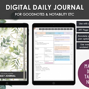 May include: Digital daily journal displayed on two tablets. The left tablet shows a green and gold leaf design with the text "Daily Journal". The right tablet displays a daily planner layout with sections for tasks and notes. Text includes "Manage Daily Tasks & Notes".