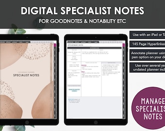 May include: Digital planner for Goodnotes and Notability apps. The planner is 145 pages long and includes a cover with a beige and brown abstract design with gold glitter. The planner is designed for managing specialist appointments and notes.