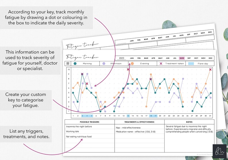 May include: A fatigue tracker with a graph showing daily severity, with space for triggers, treatments, and notes. The text says, "Fatigue tracker" and "2023". The graph uses a key to track morning, afternoon, and evening fatigue levels.