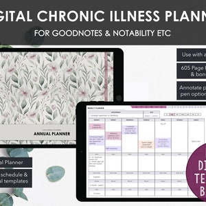 Könnte beinhalten: Digitaler Planer für chronische Krankheiten auf zwei Tablets. Der Planer hat florale Designs und wöchentliche Zeitpläne. Text beinhaltet "Annual Planner", "Mega Digital Template Bundle" und Anweisungen zur Verwendung mit einem iPad oder Tablet.