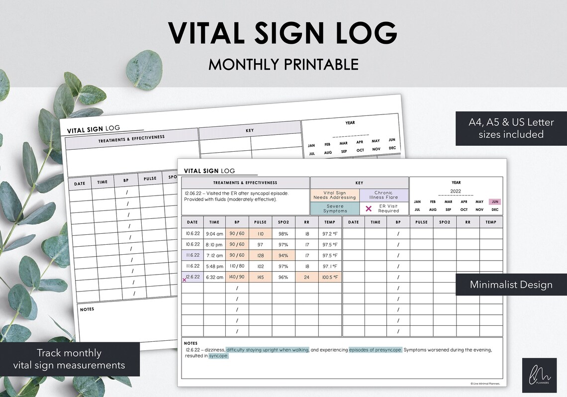 Vital Sign Log Chart Daily Vital Signs Monitor Monthly Etsy